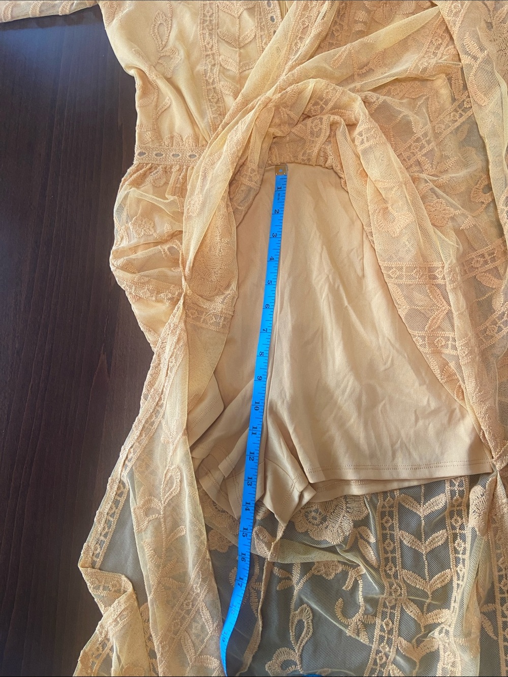 Socialite Yellow Lace Jumpsuit with V-Neck, sheer back, shorts underneath. Small - Picture 13 of 16
